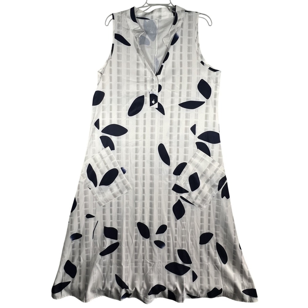 Women's Sleeveless Collared Shirtdress White Navy Leaf Pattern‎ Pockets Size L